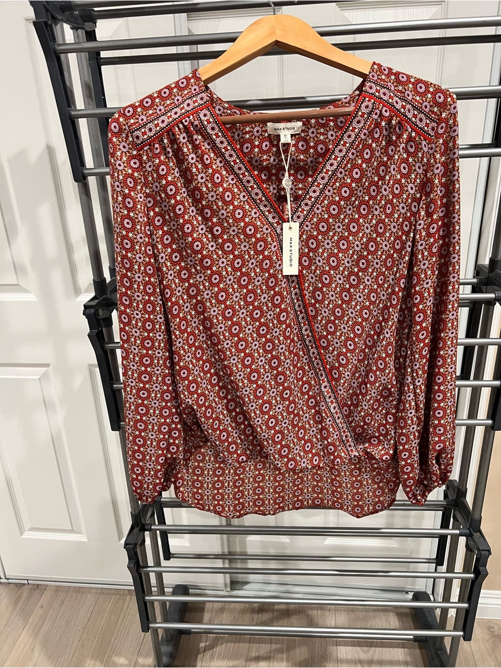 Max Studio Rust Red Floral Split-Neck Blouse